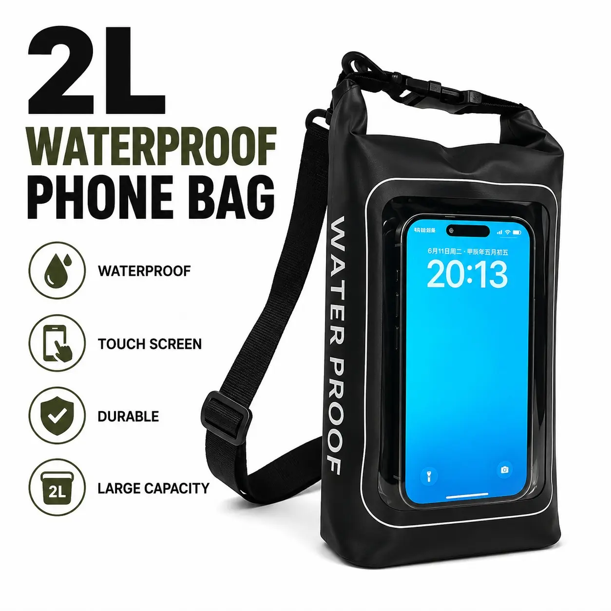2L Waterproof Phone Dry Bag, Touch Screen PVC Crossbody Bag, Outdoor Waterproof Storage Pouch for Beach, Water Park, Kayaking, Hiking & Travel, Capacity, Boating Accessory