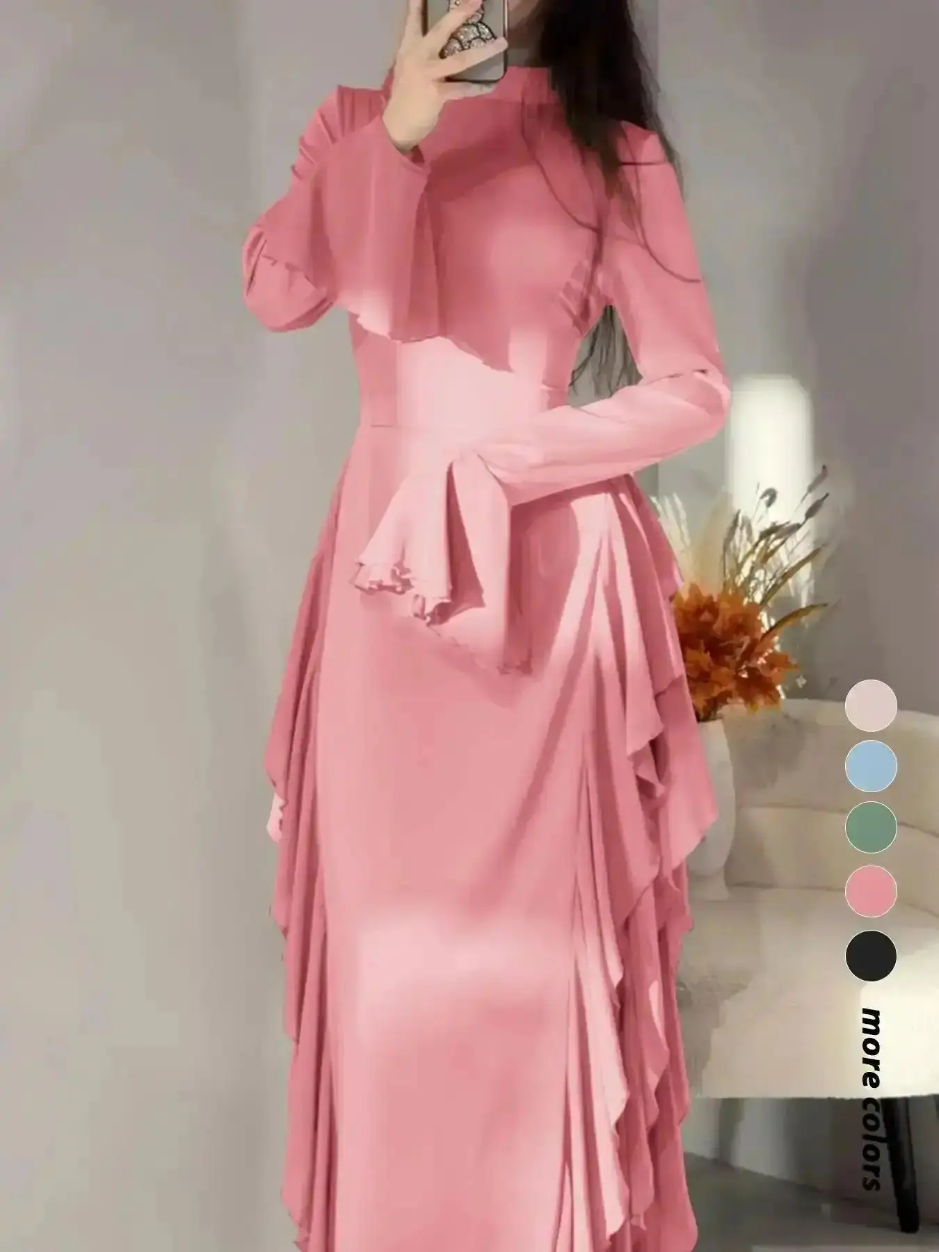 Elegant Solid-Color Flare-Sleeve Long Dress with Waist-Cinching Effect, Plain Pattern Slim-Fitting Chic Elegant Formal Holiday Evening for Women, Perfect Spring and Fall, Autumn Vibes, Fall Layer, Cold Weather