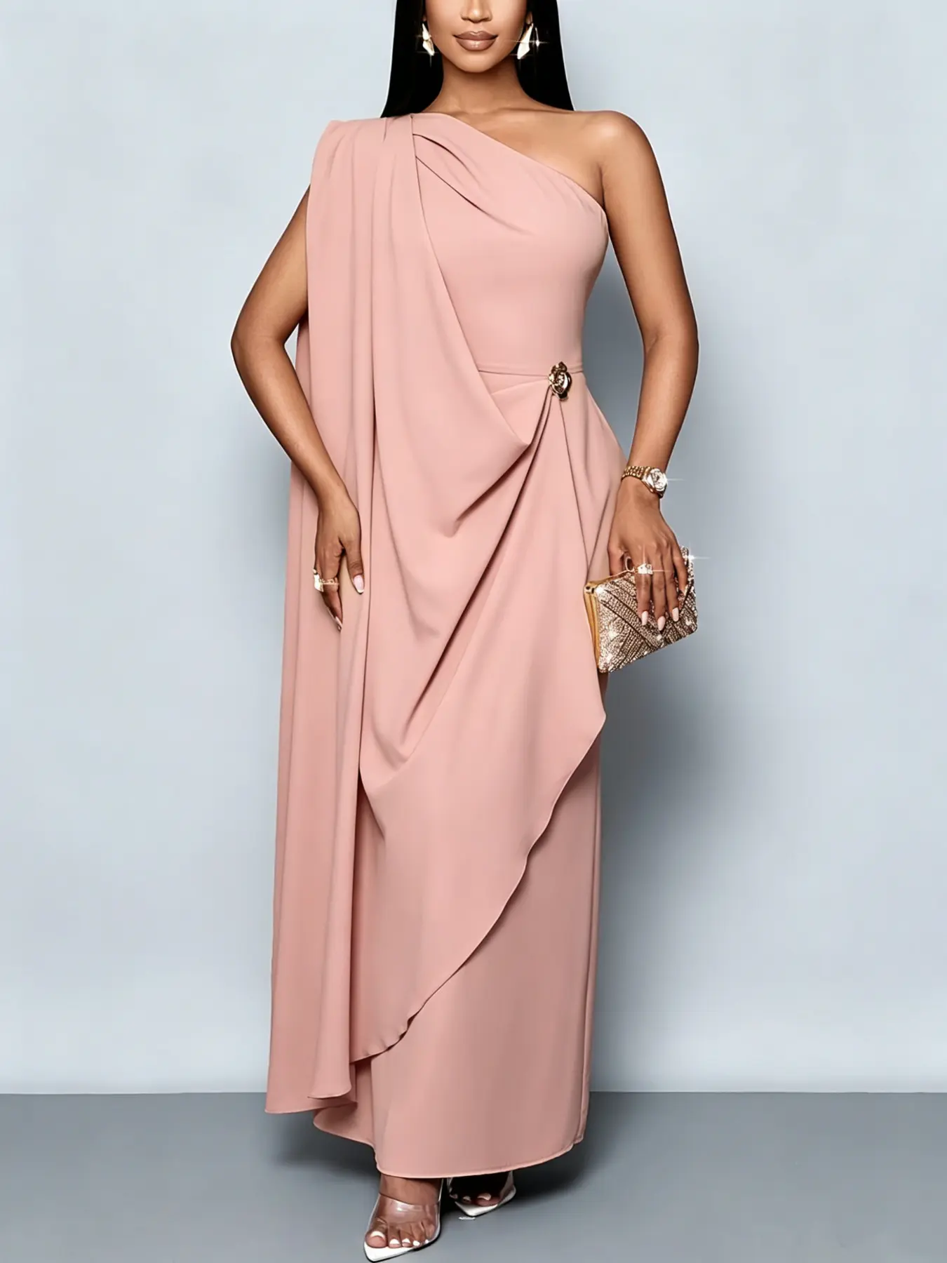 French Elegance Asymmetrical One-Shoulder Solid Drape Long Women's Dress, Wedding Bridesmaid Dress, Party Gown, Evening Wear, Formal Event