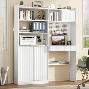 Fluted Wood Camping Computer Desk, 63" Tall with Hutch, Charging Station, Drawer & Storage Cabinet for Home Office Work, Study