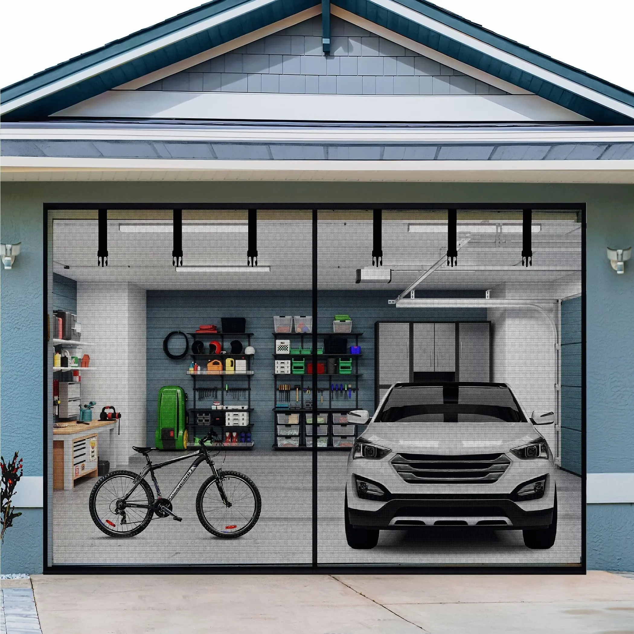 Dual Car Garage Door Screen 16x7ft - Magnetic Closure, Reinforced Fiberglass Mesh, Heavy-Duty Weighted Bottom, Hands-Free Operation, Easy Installation for Indoor/Outdoor Storage and Organization
