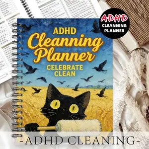 1pc ADHD Cleaning Planner Themed Subject Notebook, Achievement Celebration Style - Black Cat and Cleaning Roller Pattern. Achievement Record Book, Motivation Management Book. Task Completion Celebration, Positive Encouragement. 5.5x8.3 Inch  Notebook