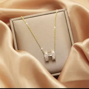 Gold Tone Cable Chain Necklace with Pavé Letter H Pendant, White Cubic Zirconia
