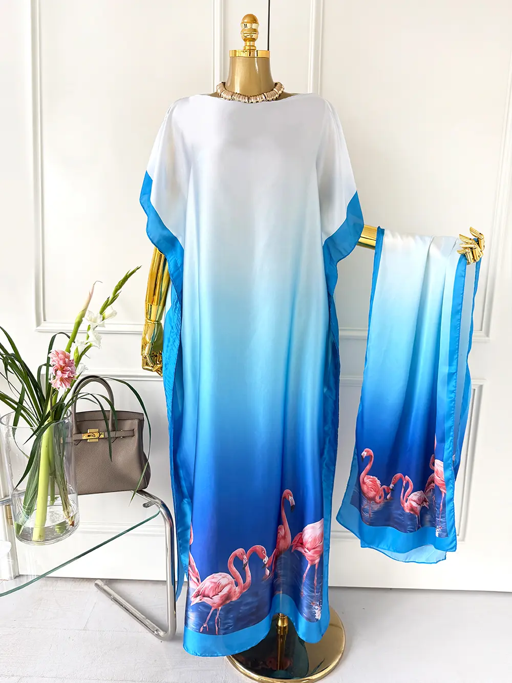 Women Satin Two Piece Maxi Dress MooMoo Blue‑White Gradient Flamingo Print Straight Long Gown With Matching Wrap For Evening Beach Vacation