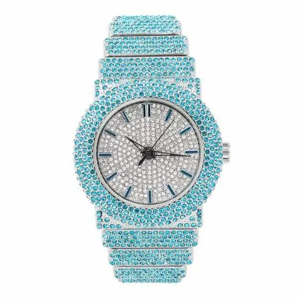 40mm Round Diamond Watch Gold Plated Quartz Movement Analog Face 8.5-inch Band 22mm Width Luxury Class Timepiece