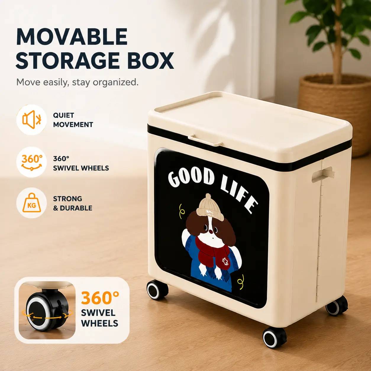 Household Large-Capacity Foldable Rolling Storage Box with Lid, 360° Swivel Wheels, Polypropylene Space Saver for Laundry, Functional Home Organizer Bin, Larger Size