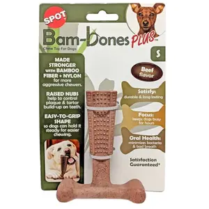 SPOT Bam-Bones Plus T Bone - Bamboo Fiber & Nylon, Durable Long Lasting Dog Chew for Aggressive Chewers – Great Toy for Adult Dogs & Teething Puppies Under 30lbs, Non-Splintering, 4in, Beef Flavor, Small size