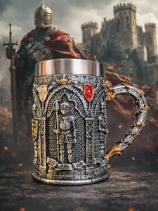 The Armored Kingdom Knight's Vow Mug 16 oz Stainless Steel Gothic Castle & Knight's Design Reusable Drinkware with Chainmail Handle & Royal Gifts Ceramic Tea Tumbler Cup Washable Reuse