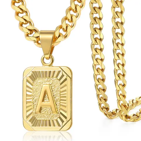 Men's letter necklace, 18K stainless steel men's and women's square letter necklace
