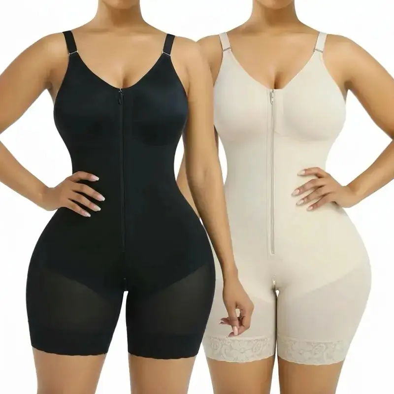 Lady Women's Adjustable Compression V-Neck Solid Black Shapewear Bodysuit - Belly Shaping, Abdominal Control, Booty Lifting, Body Contouring, Stretchy Breathable Fabric, Zip-Up, Detachable Shoulder Straps, Crotch Detachable, Customizable Comfort Fit, Faja