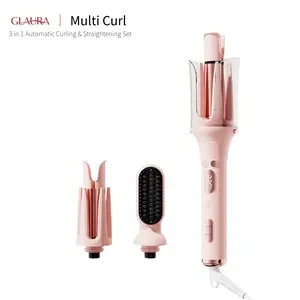 3-in-1 Automatic Rotating Curling Iron & Straightening Brush, Anti-Scald Hair Curler for Beginners, 7 temperature settings Anti-Scald,Tangle-Free,Lightweight for Travel