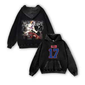 Josh Allen #17 Bills Casual Washed Hoodie | Mafia Boss QB Gear, Blue Red Fan Pride, Oversized Washed Hurdle Vibe