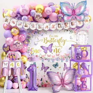 Butterfly First Birthday Decorations for Girl  Purple Butterfly 1st Birthday Party Decoration Supplies Include Balloon Arch Balloon Boxes Butterfly Backdrop Tablecloth Birthday Hat