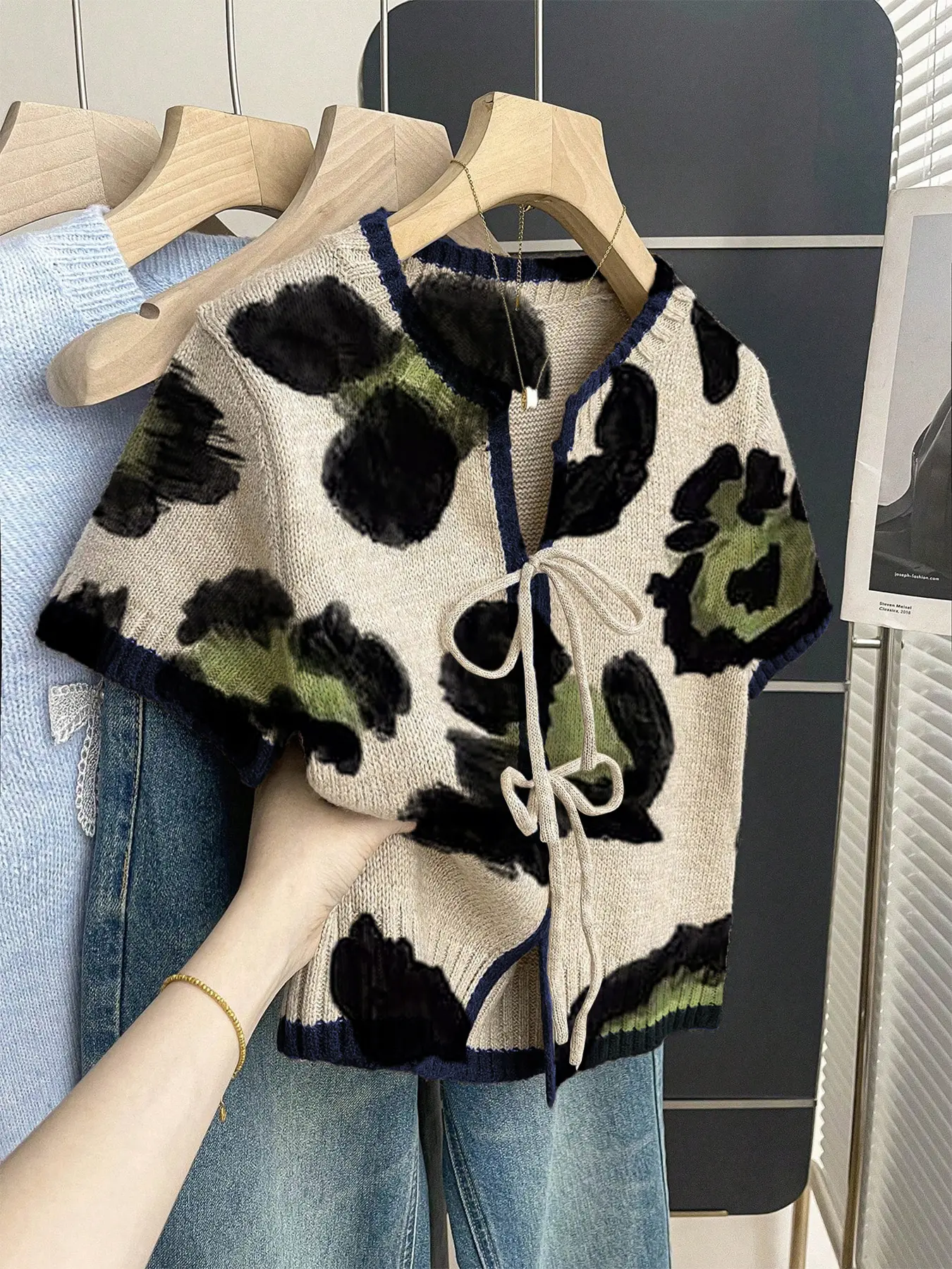 Boho Casual Vacation Ethnic Style Loose Fit Round Neck Colorblock Leopard Print Short Sleeve Knit Top, Casual Chic Top, Front Tie Design, Women's Spring Summer, Womenswear, Boho Style Blouse, Bohemian Blouse, Boho Shirt