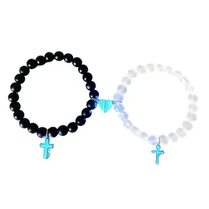 Couple Cross Heart Magnetic Luminous Design Matching Couple Beaded Bracelet (1 Pair), Jewelry for Party, Daily Clothing Decor, Jewelry for Birthday Gift