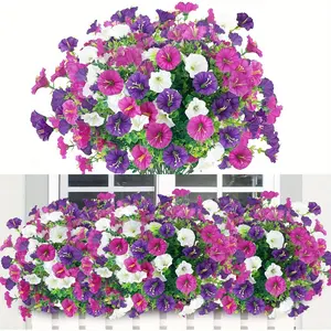 8PC Bundles of Realistic Petunia Flowers as Outdoor Weather-Resistant Faux Plants Vibrant Purple Pink White and Green High-Quality Plastic Hanging Decorations for Weddings and Event Setups Long-Lasting and Realistic Flowers Without Containers