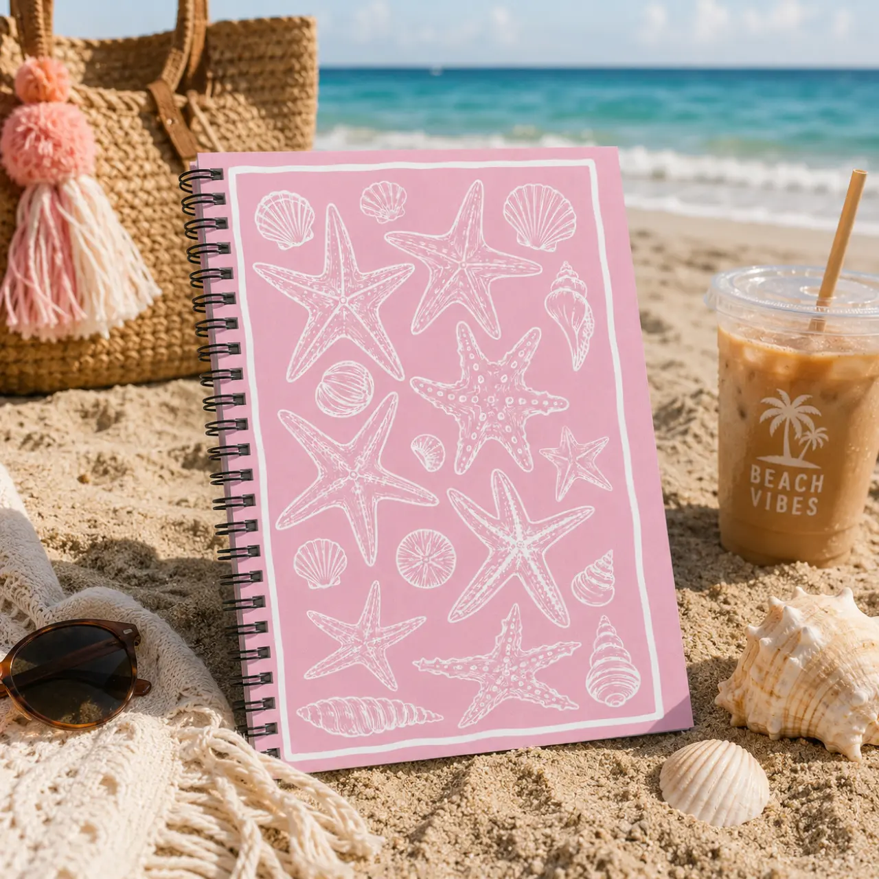 Pink Starfish Spiral Notebook | Beach Journal for Women | Coastal Seashell Notebook | Cute Ocean Lover Gift | Beach Vacation Diary | Ruled Journal