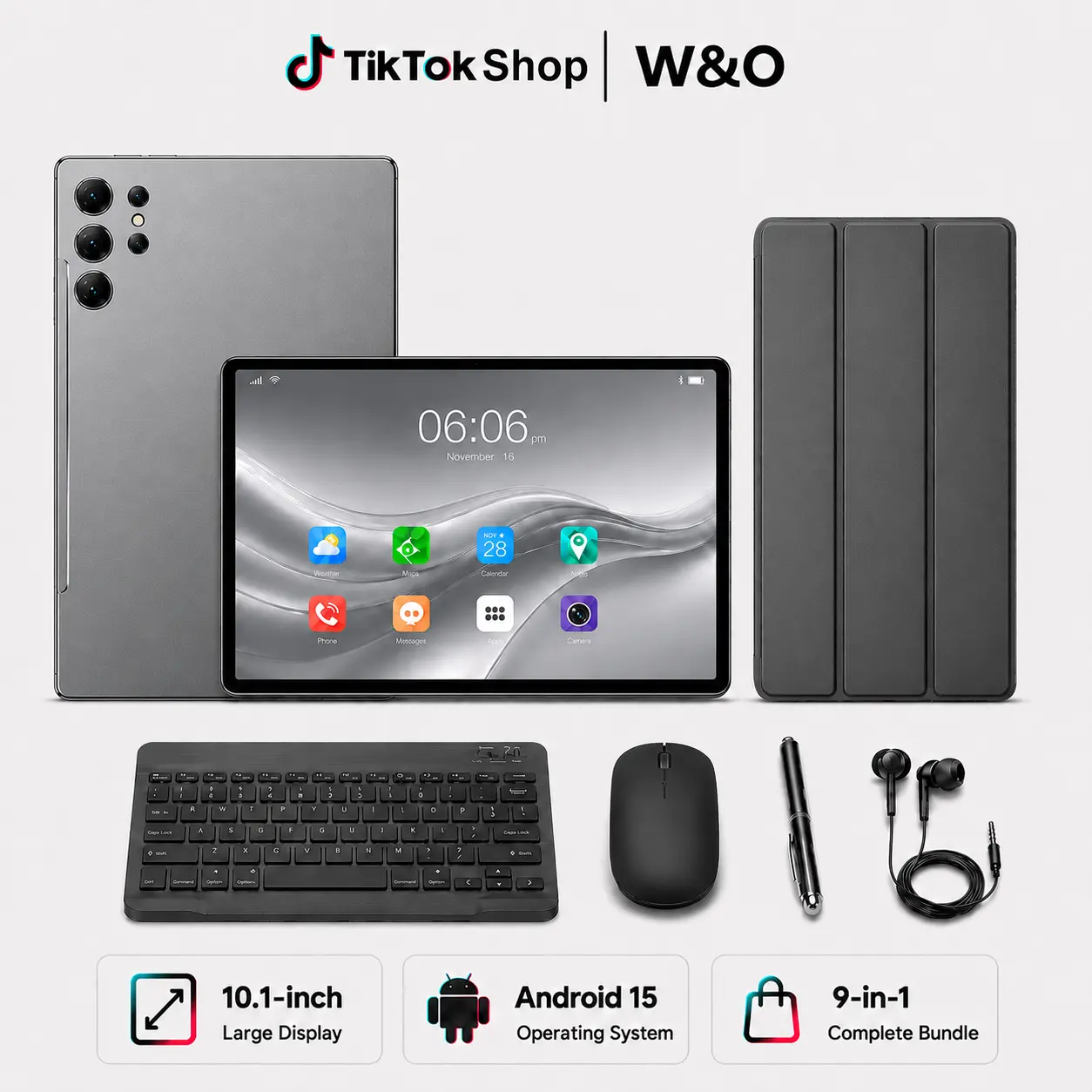 W&O X9 Android 15 Tablet, 10.1-in IPS Display, 8GB RAM 256GB Expandable ROM, 8000mAh Battery, Dual-Band WiFi, SIM + microSD Support, 9-in-1 Bundle with Keyboard, Mouse, Stylus & Case, Bluetooth Camera, Metallic Rear, Streaming Tools (Birthday Gift Option)