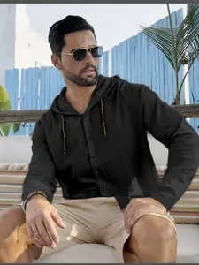 Men's Fashion Casual Beach Outdoor Hooded Long Sleeve Cardigan, Breathable Lightweight Linen Fabric Shirt, 95% Linen 5% Polyester, All Seasons Wear