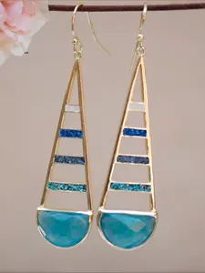 New Fashion Golden Color Geometric Design Long Drop Jewelry For Women's Earrings Elegant Synthetic Blue Cubic Zirconia Earring Perfect For Everyday Holidays And Occasions, Perfect Gift For Ladies And Girls