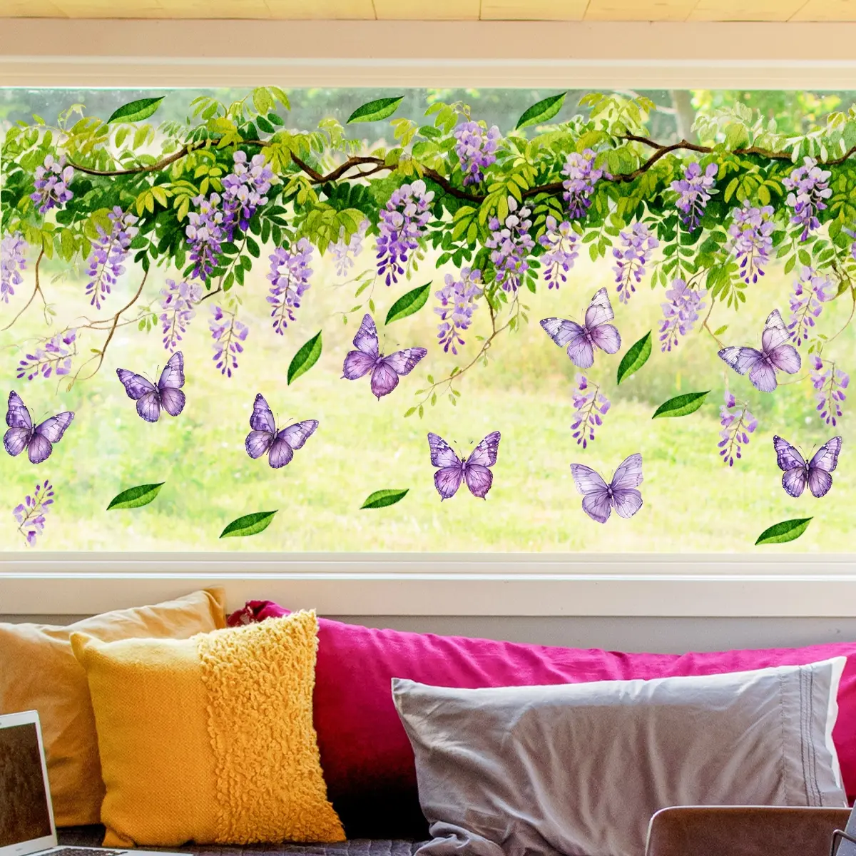 (30*60cm) creative purple-themed flower, butterfly and vine spring-summer static sticker, double-sided visible, 20-thread background decoration, beautiful Decorative window sticker, Home Decor (D18653)