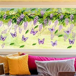 (30*60cm) creative purple-themed flower, butterfly and vine spring-summer static sticker, double-sided visible, 20-thread background decoration, beautiful Decorative window sticker, Home Decor (D18653)