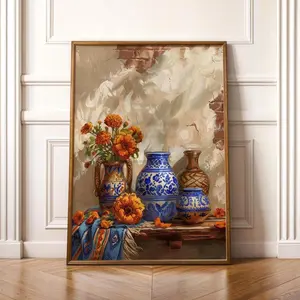 Mexican Talavera Vase Digital Print, Hispanic Heritage Marigold Cempasúchil Wall Art, Latinx Kitchen Decor, Rustic Blue Pottery Poster, 5 Size, 8x12 to 27x40 inch, Room Decor, Unframed