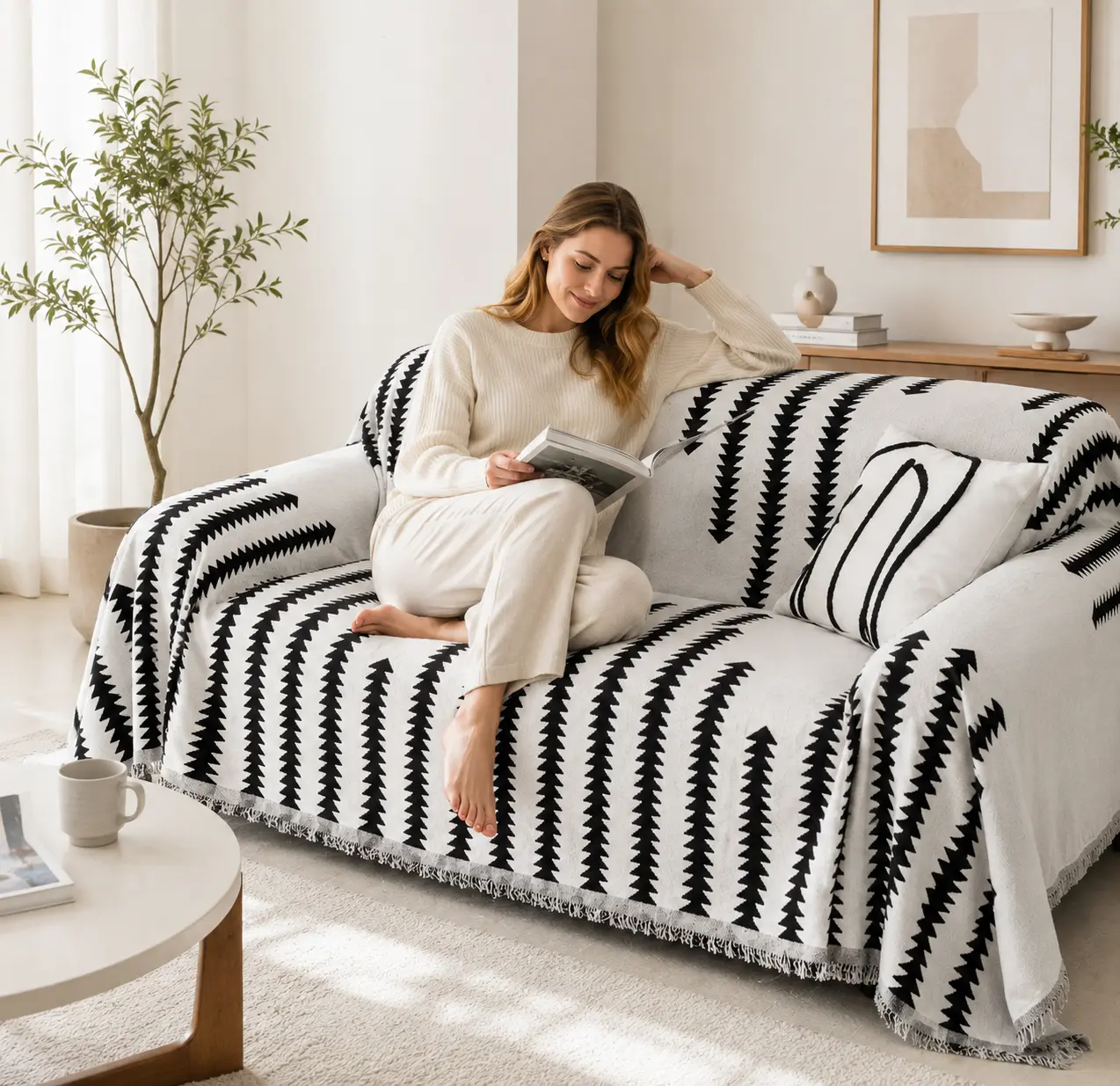 Polyester Fabric Sectional Sofa Covers - Washable, Soft Retro-Look Indoor Furniture Protectors with Tassel Trim, Pet-Friendly Multi-Size Couch Cushion Slipcovers