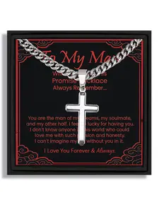 1 piece silver cross pendant Cuban chain necklace for Valentine's Day and birthday gifts to boyfriend with blessing card and box