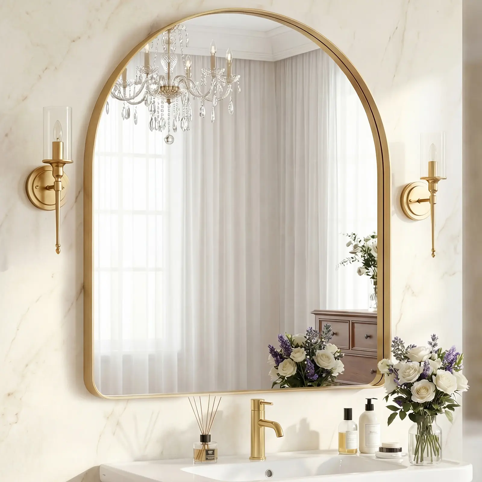 Sweetcrispy Luxury Arched Bathroom Mirror - Classic Style, Shatterproof Tempered Glass, Metal Deep Frame, Hanging or Leaning Mount, for Bathroom Use and Home Decor | Home Supplies Mirrors, Bathroom Decor