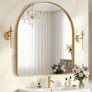 Luxury Arched Bathroom Mirror - Arch Wall Mirror with Shatterproof Tempered Glass and Metal Deep Frame, Hanging or Leaning for Living Room, Dresser, Entrance and Hallway