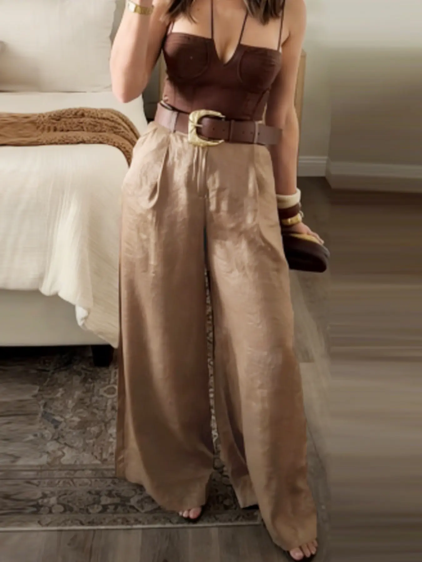 Pleated Wide-Leg Pants Women's Pants Spring 2026 Belted Baggy High Waist Trousers Golden Khaki Leopard Loose Ruffled Pants For Woman Elegant Casual Old Money Trousers Casual Lounge Pant Casual Fashion Trousers, Casual Chic Trousers