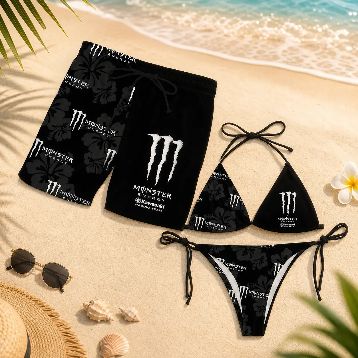 Energy Inspired Monster Matching Couple Swimwear Set 2026 – Women’s Floral Bikini & Men’s Beach Shorts, Tropical Hawaiian Summer Vacation Pool Party Outfit for Couples