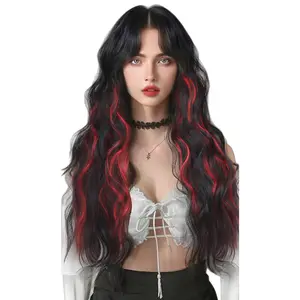 Women's Synthetic Clip-in Hair Extensions - 4PCS Straight Long Loose Wavy Black Red Highlighted Colored Hair Extensions, Thick Fiber Double Weft Invisible Lace Weft, Natural Soft Hairpieces, Hair Extension