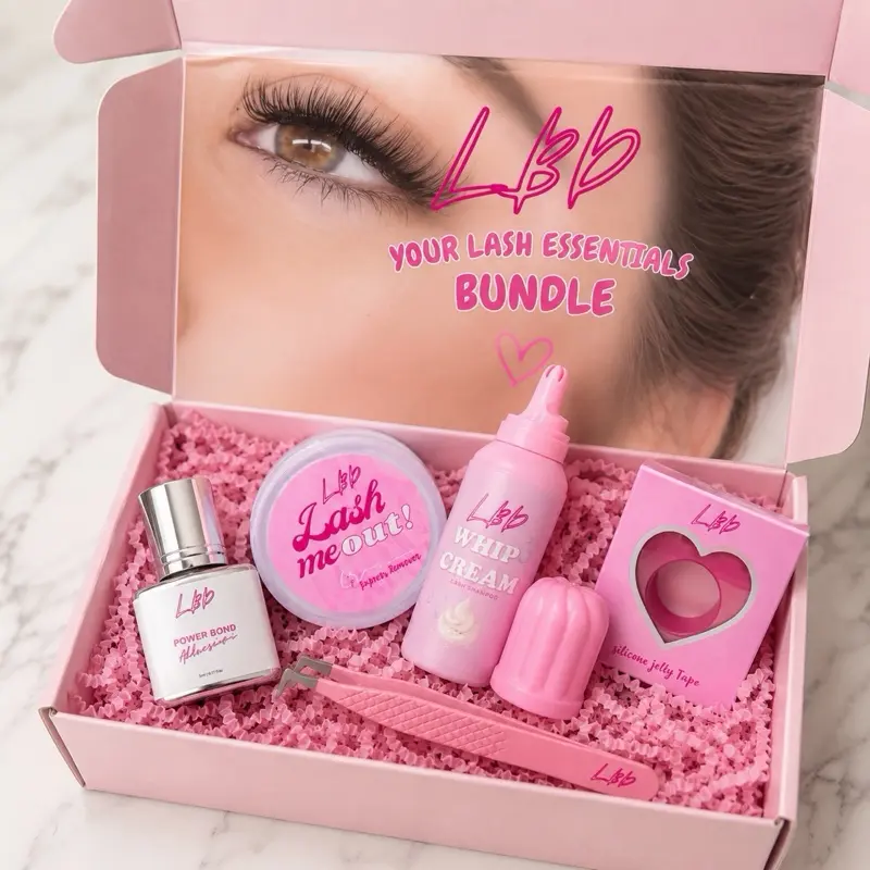 LBD Lash Essentials Bundle - Power Bond Adhesive, Express Gel Remover, Silicone Jelly Tape, Whip Cream Lash Shampoo & Tweezers for Lash Artists