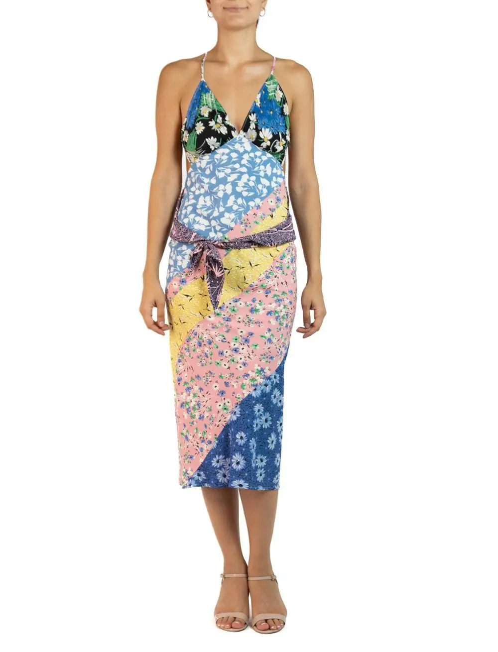 MASTER MORPHEW COLLECTION Blue, Yellow & Pink Bias Cut 1940S Cold Rayon Sagittarius Dress
