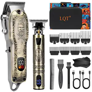 Professional Hair Clipper Set, Digital Display Trimmer Kit, Cordless T-Blade Outline Trimmer, Vintage Design with Full Accessories, Barber Storage Case and Cape Complete Haircutting Kit Wireless Clippers