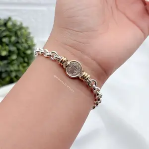 950 Silver Saint Benedict Bracelet with Silver Rolo Chain and 18k Gold Plating for Casual & Formal Wear