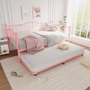 Twin Size Metal Daybed with Wheeled Trundle, Love-Heart Motif Headboard, Steel Slat Support, Modern Convertible Sleeper Bed, Easy Setup, No Box Spring Needed, Bedroom Furniture Headboard for Living Room, Bedroom
