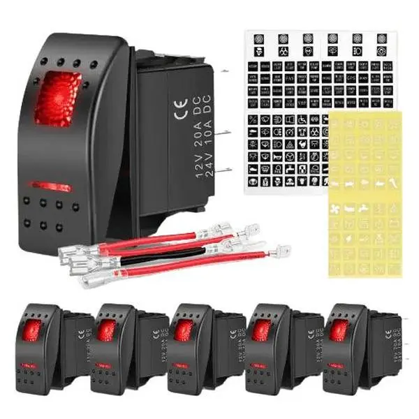 Nilight 6Pcs 5Pin SPST On/Off Toggle Rocker Switch, Red, 12v/24v DC, ABS+PC Plastic, Light Control for Cars/SUVs