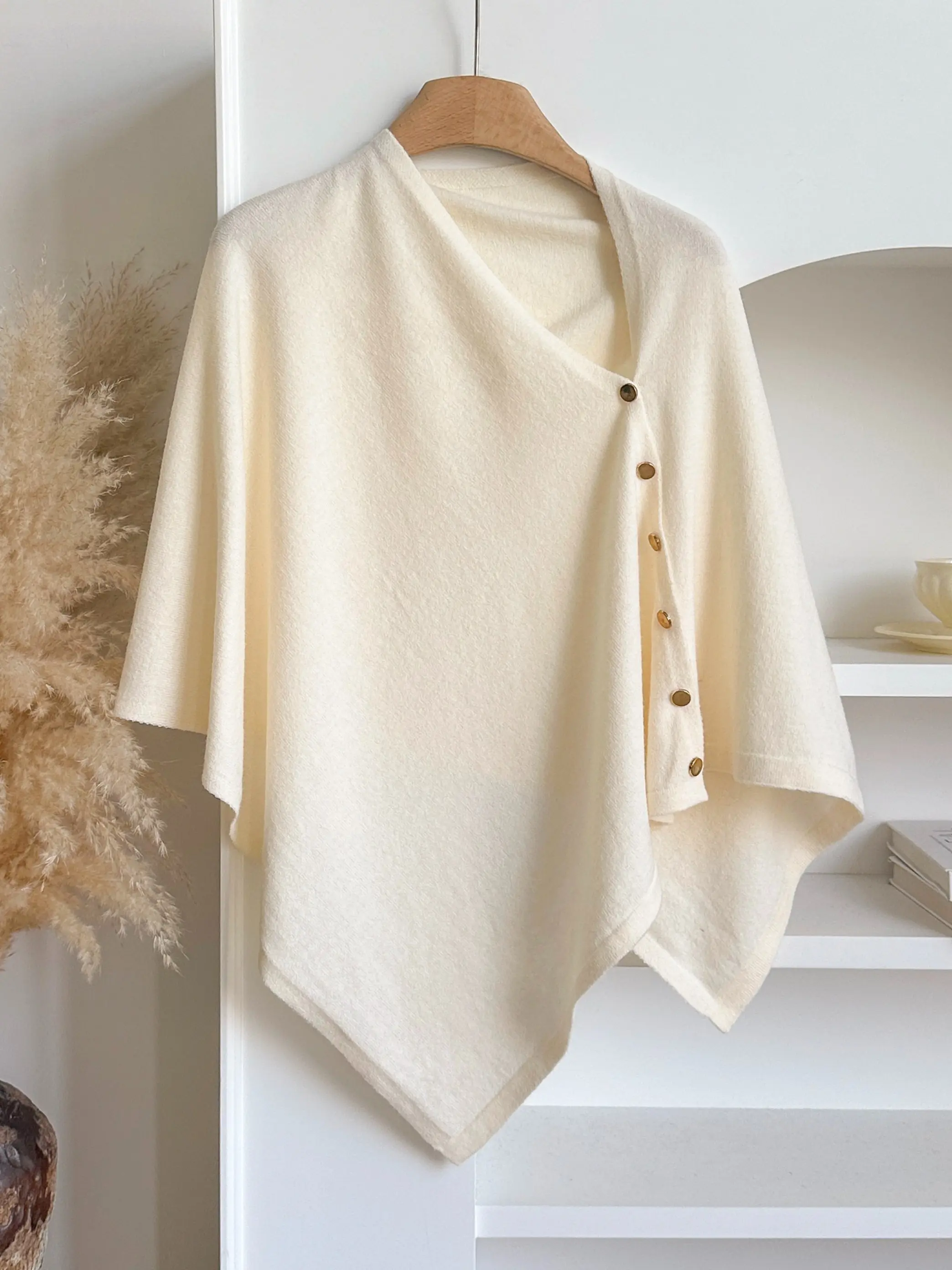 Women's Versatile Knitted Scarf Poncho Sweater, Trendy Solid Shawl, Lightweight Buttoned Design, Perfect for Spring Summer Fall, Casual Plain Style