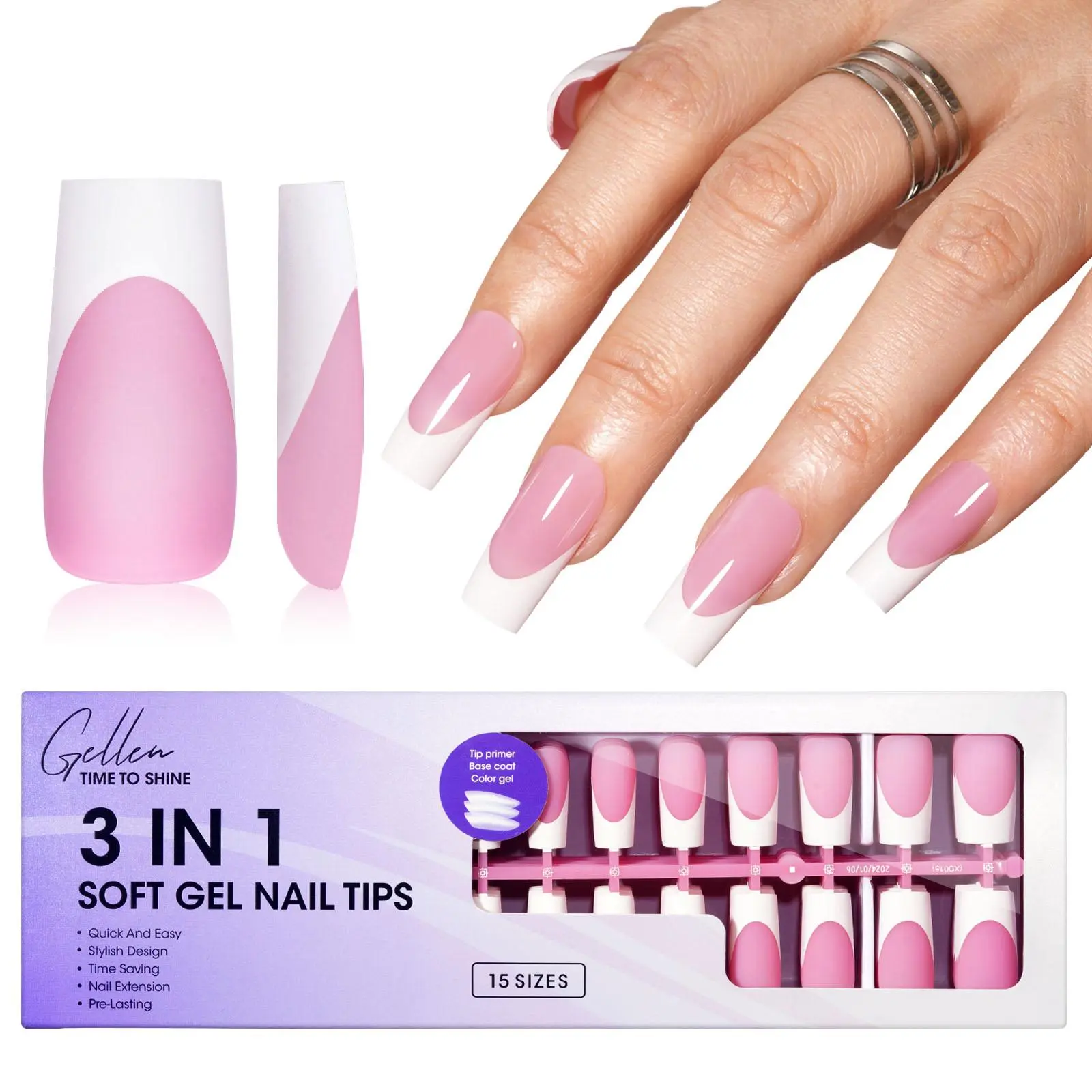 Gellen French Tips Fake Nails, Pink Long Square Soft Gel Press-On Nails - 150 Pcs, 15 Sizes, Easy to Apply, No Glue Included, French Tips Nails