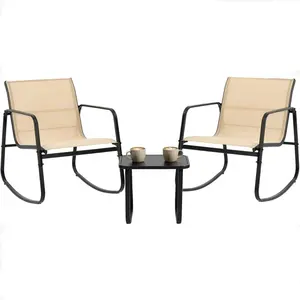 Outdoor Patio Furniture Set 3-Piece, Wooden Coffee Table with 2 Textilene Armchairs, Rust-Proof Steel Frame Bistro Set, Breathable UV-Resistant Seating for Backyard Balcony Poolside