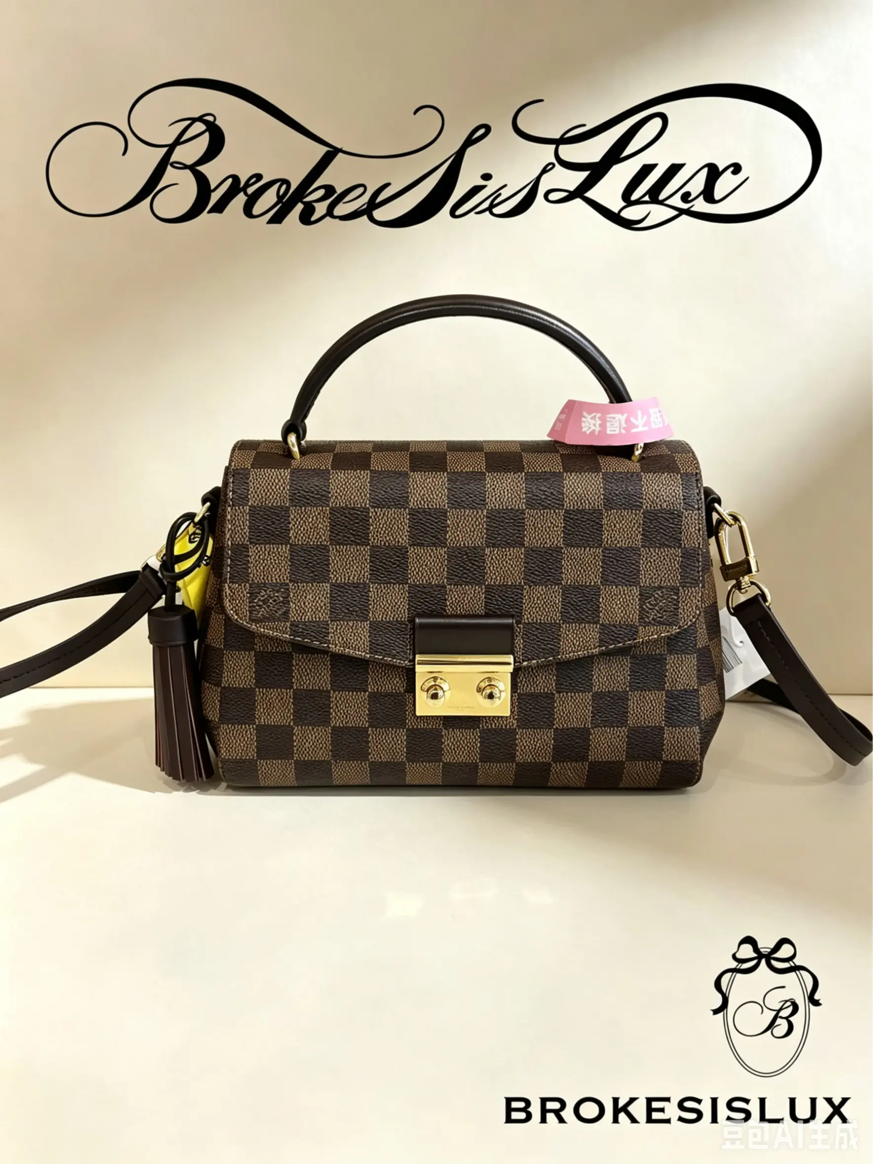 Pre-owned Louis Vuitton Damier Ebene Croisette Crossbody Bag Gold Lock & Tassel, Brown Leather Trim, 8cm, Handheld & Shoulder Carry, Everyday Casual Use