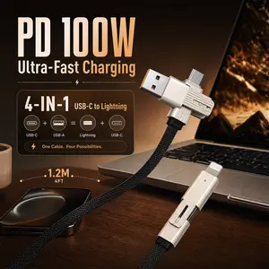 4-in-1 USB Charging Cable with USB-C & USB-A, Lightning + USB-C Connectors, Durable Nylon Braided Fast Charger 4FT