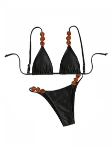 OYOANGLE Women's Triangle Thong Beaded Bikini Set 2 Piece String High Cut Swimsuits Bathing Suits Black X-Small