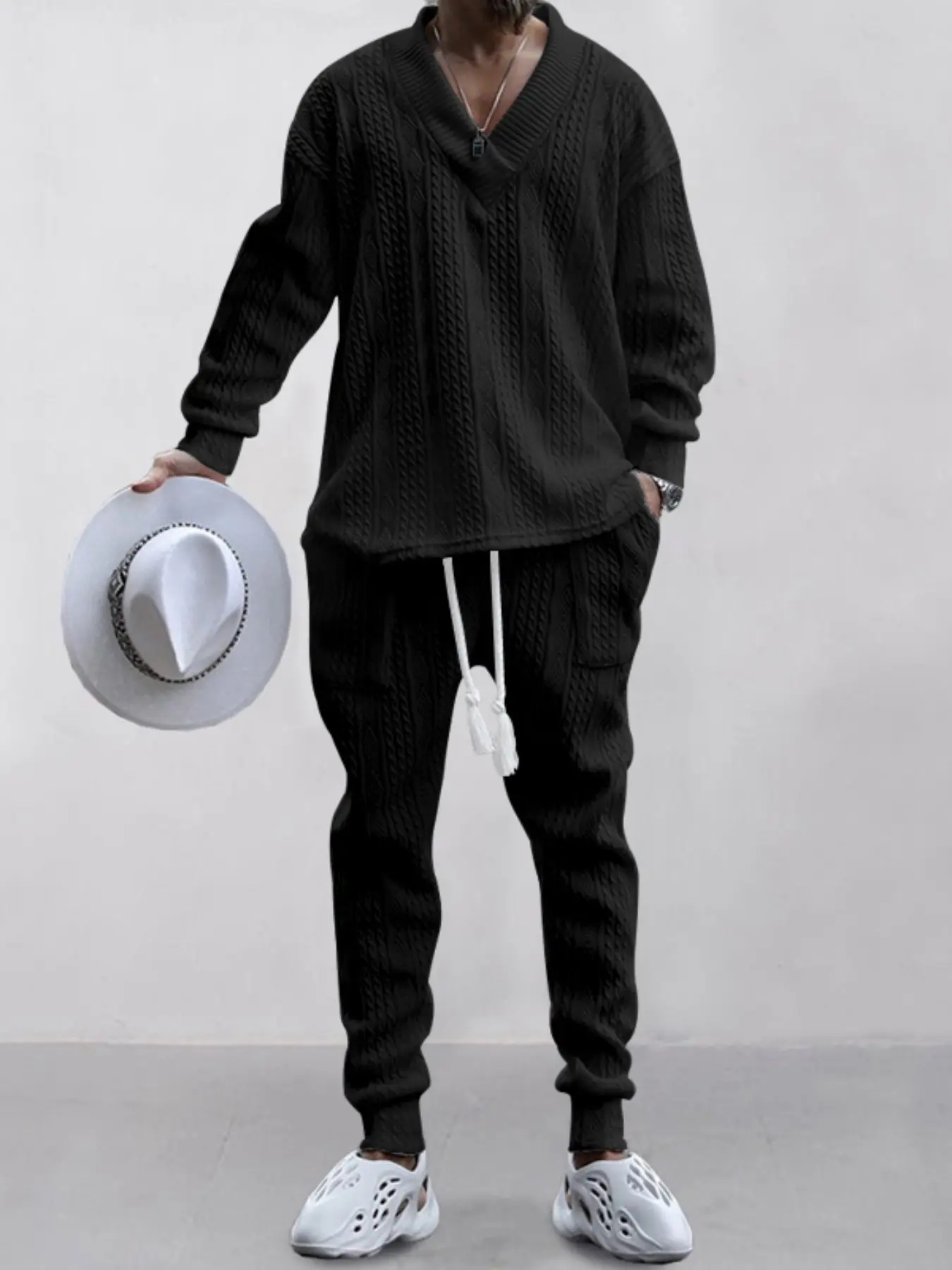 Men's Two-Piece Set V-Neck Long Sleeve Pullover Shirt Elastic Waist Pants, Outdoor Casual Sporty Essential Wardrobe Must-Have