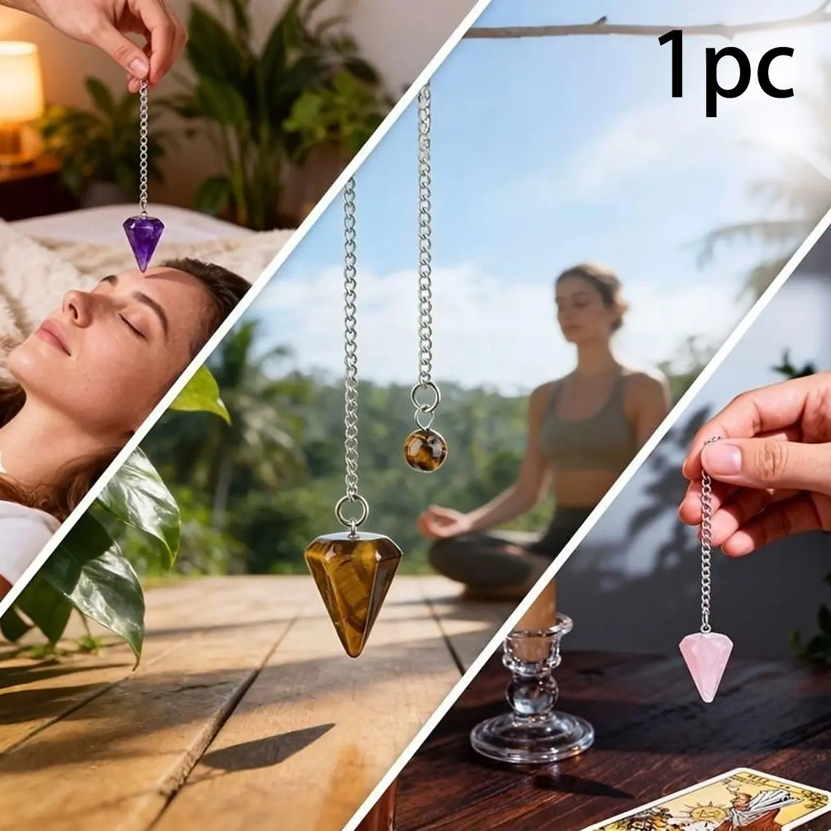 Natural Crystal Pendulum, Hexagonal Carved Stone Dowsing Pendulums, Amethyst Tiger's Eye Rose Quartz, Reiki Yoga Meditation Accessories, Unique Crystals, Unique Crystal Design