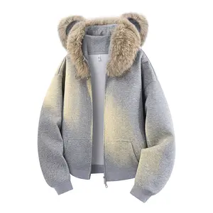 Men's fleece-lined hoodie with thickened fabric, men's hooded sweatshirt with bear ears and large fur collar, comfortable fabric, casual style, suitable for autumn and winter daily wear, men's clothing top, holiday gift