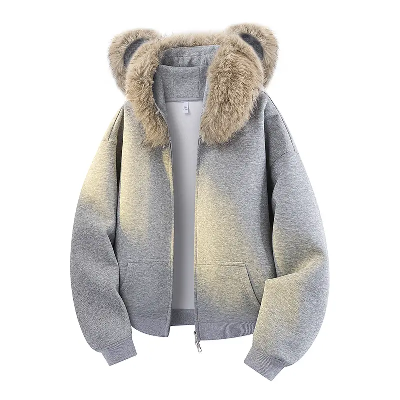 Men's fleece lined hoodie with thickened fabric, men's hooded sweatshirt with bear ears and large fur collar, comfortable fabric, casual style, suitable for autumn and winter daily wear, men's clothing top, holiday gift